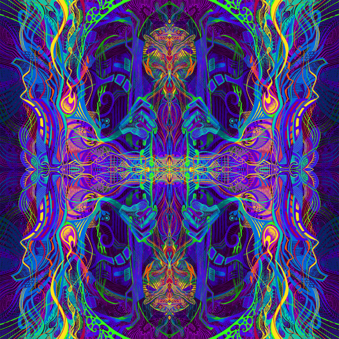 Psychedelic illustration of the letter H with the letter I nested in the background to say Hi